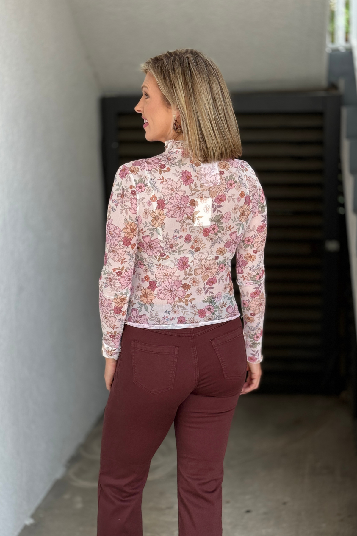 Semi-sheer floral mesh layering top side view
