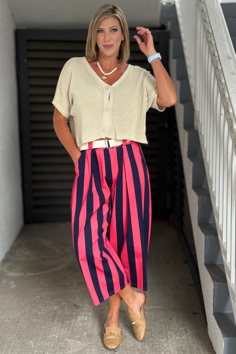 Pink and navy striped barrel pants with included belt