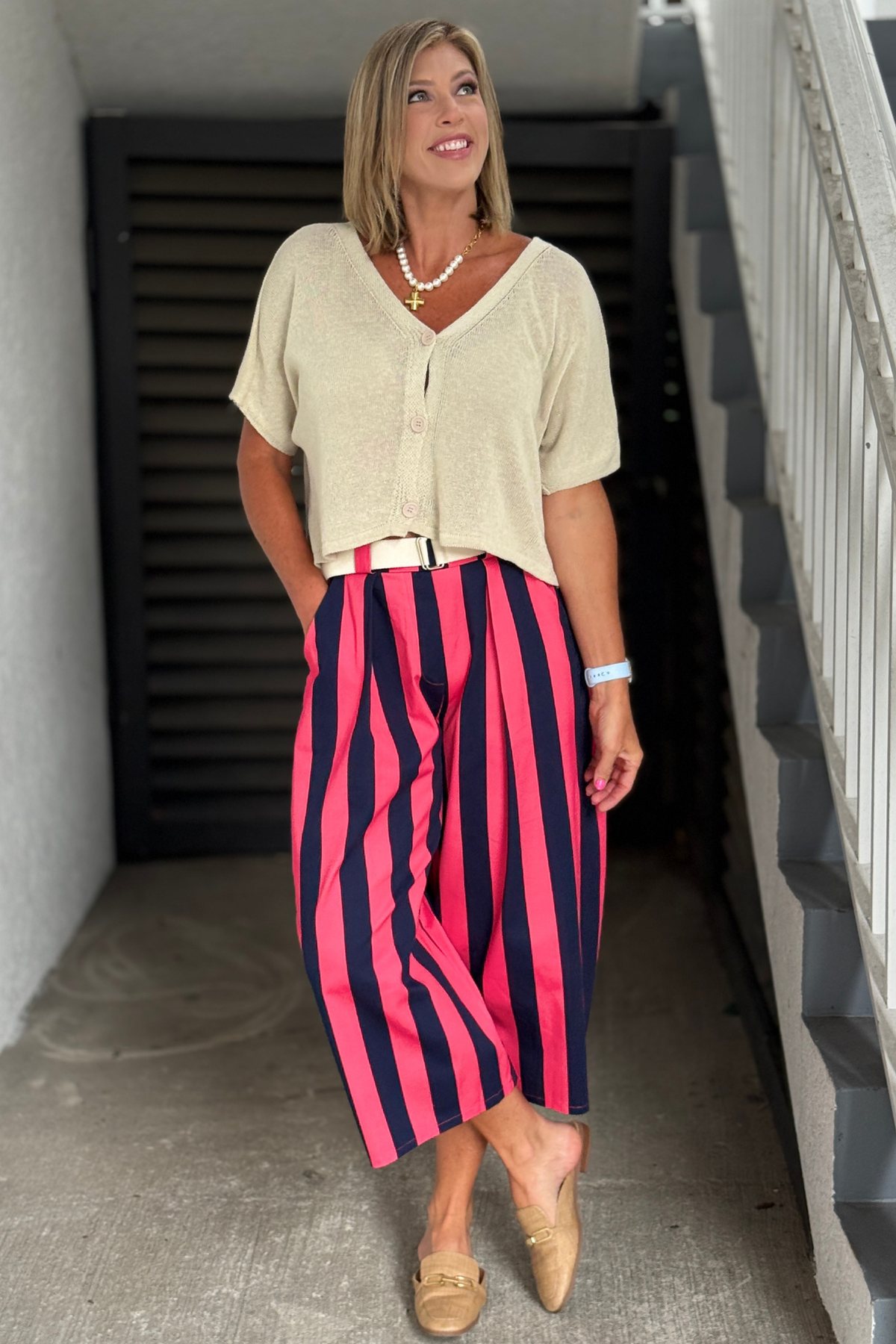 Pink & Navy Stripe Barrel Pants – Made in Italy front view