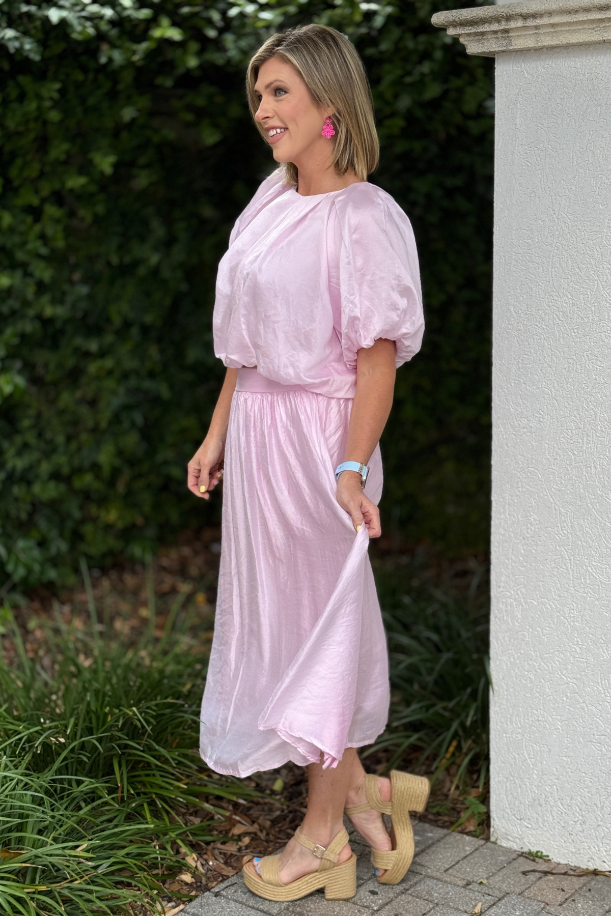 Flowy Italian silk skirt styled with matching top