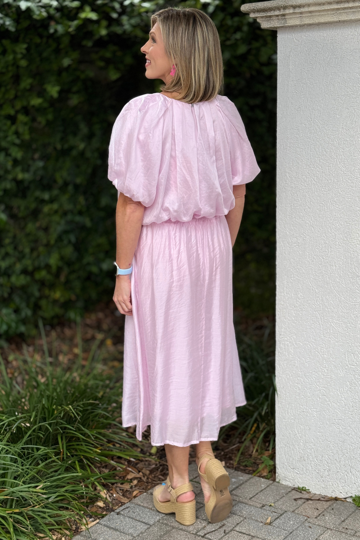 Soft pink midi skirt boutique outfit