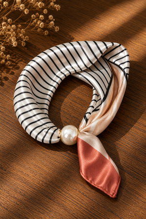 Satin striped scarf with pearl closure.