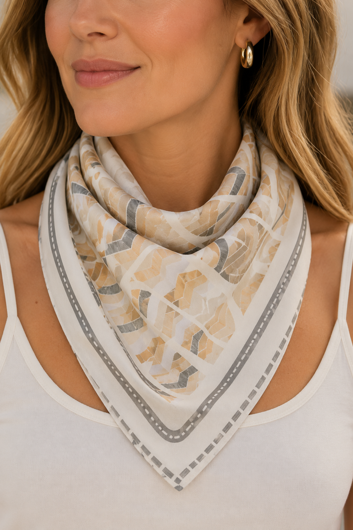Modern Mosaic Bandana Scarf in Taupe & Grey