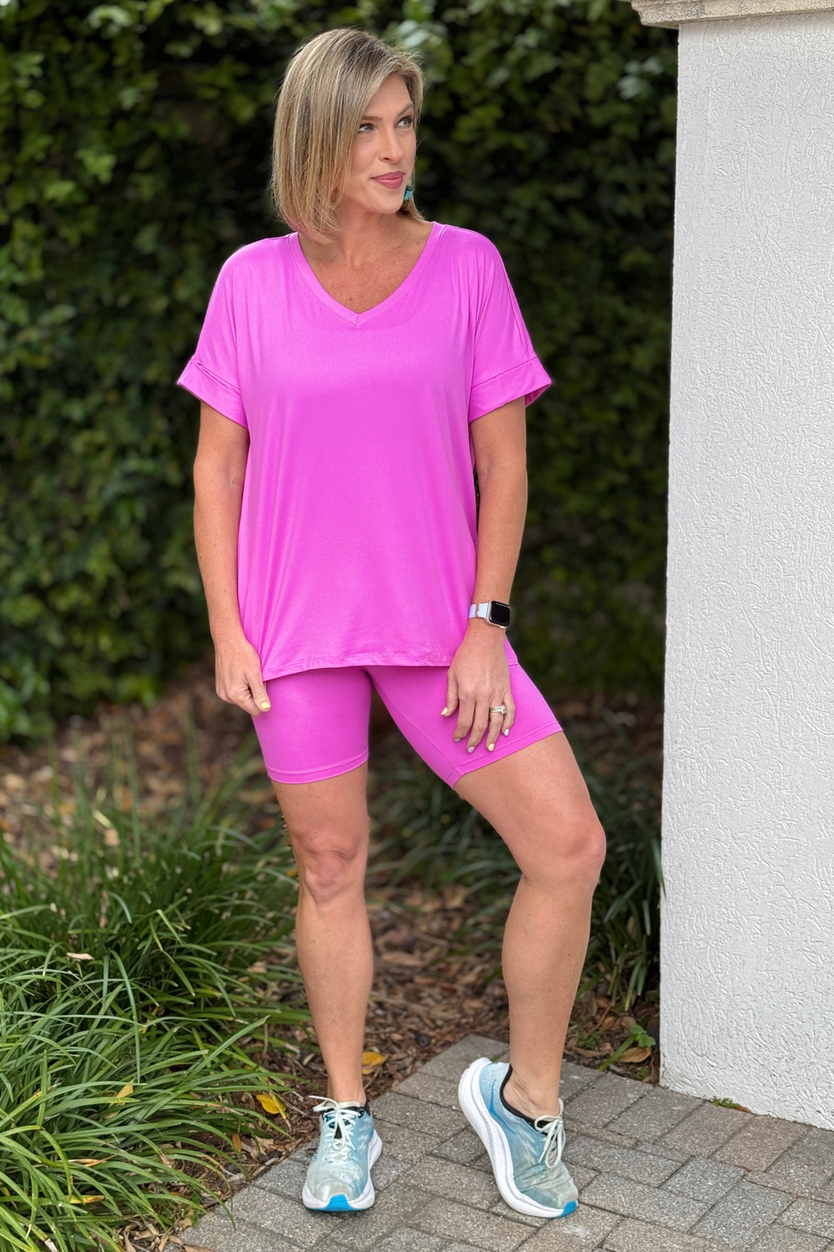 bright mauve biker short set front view