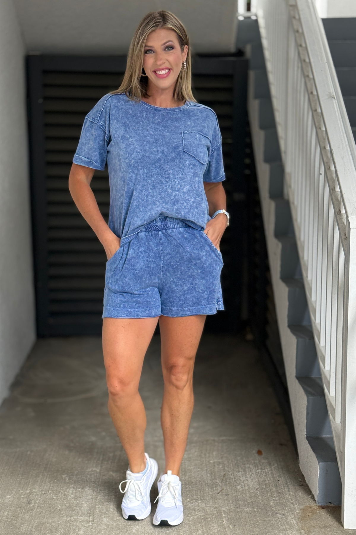 Denim blue washed lounge set with matching shorts for women
