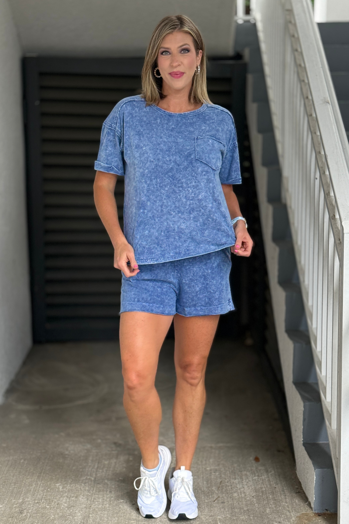 Boutique matching lounge outfit in washed denim blue