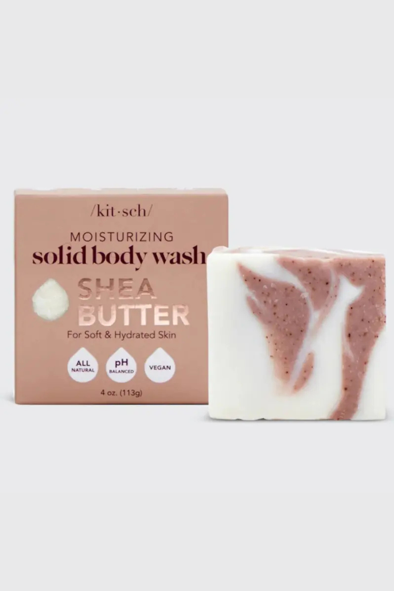 Close-up of Kit-sch shea exfoliating bar showing hydration and antioxidant benefits