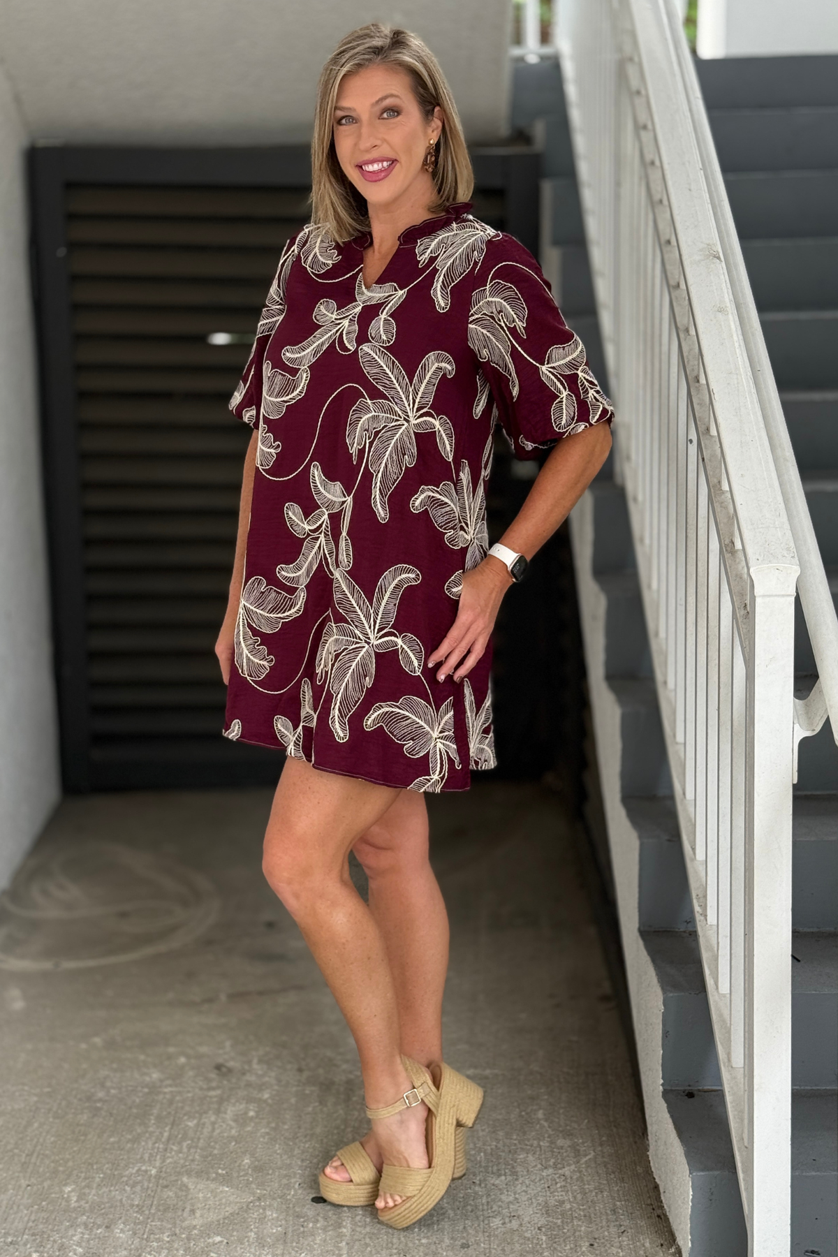 Wine floral embroidered short sleeve boutique dress side view