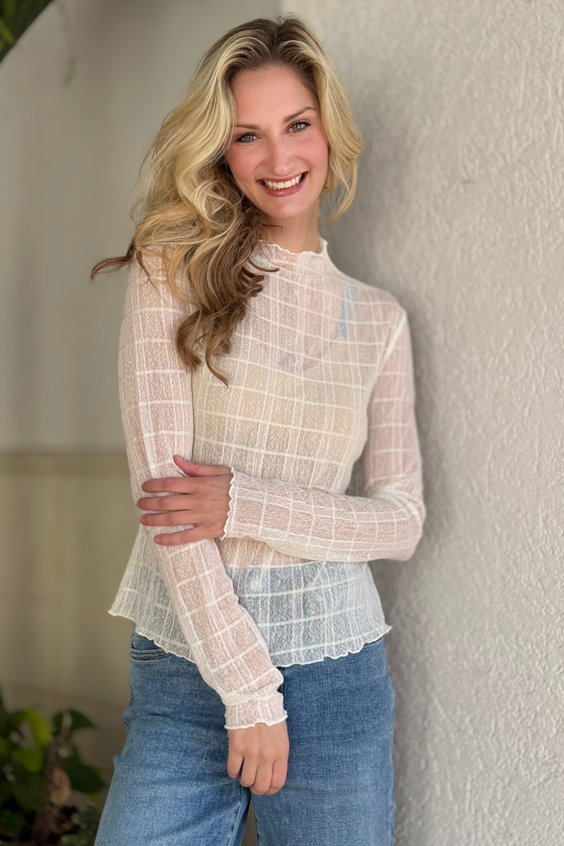 Women’s sheer plaid slim fit long sleeve top
