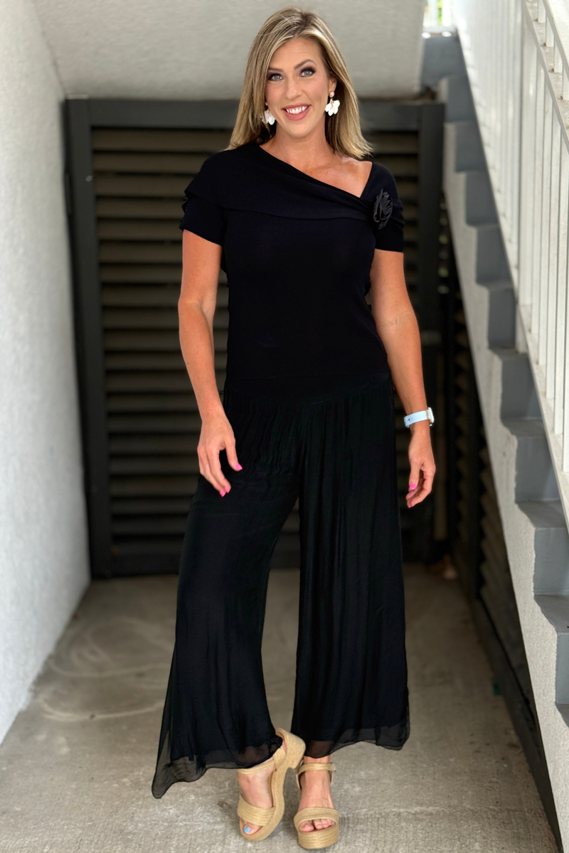 Flowy black silk boutique pants with elastic waistband