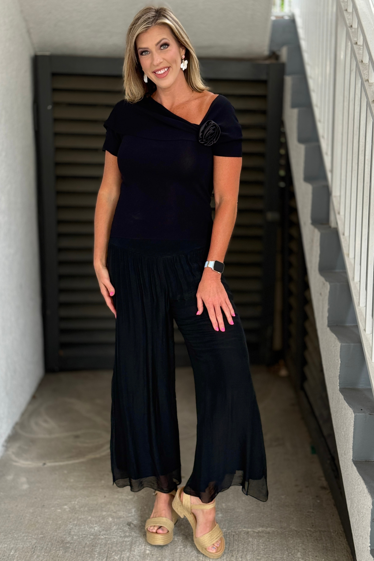 Women’s elegant black silk slit pants for summer