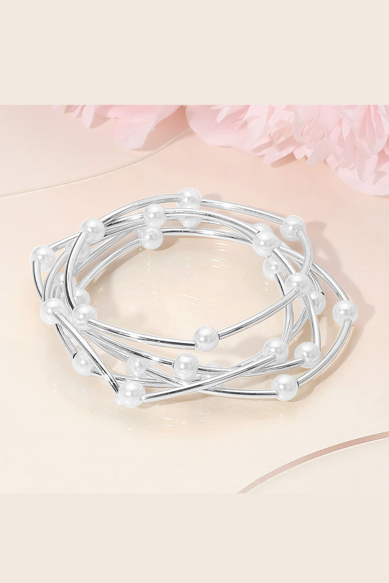 Silver bangle bracelet set with pearl beaded accents