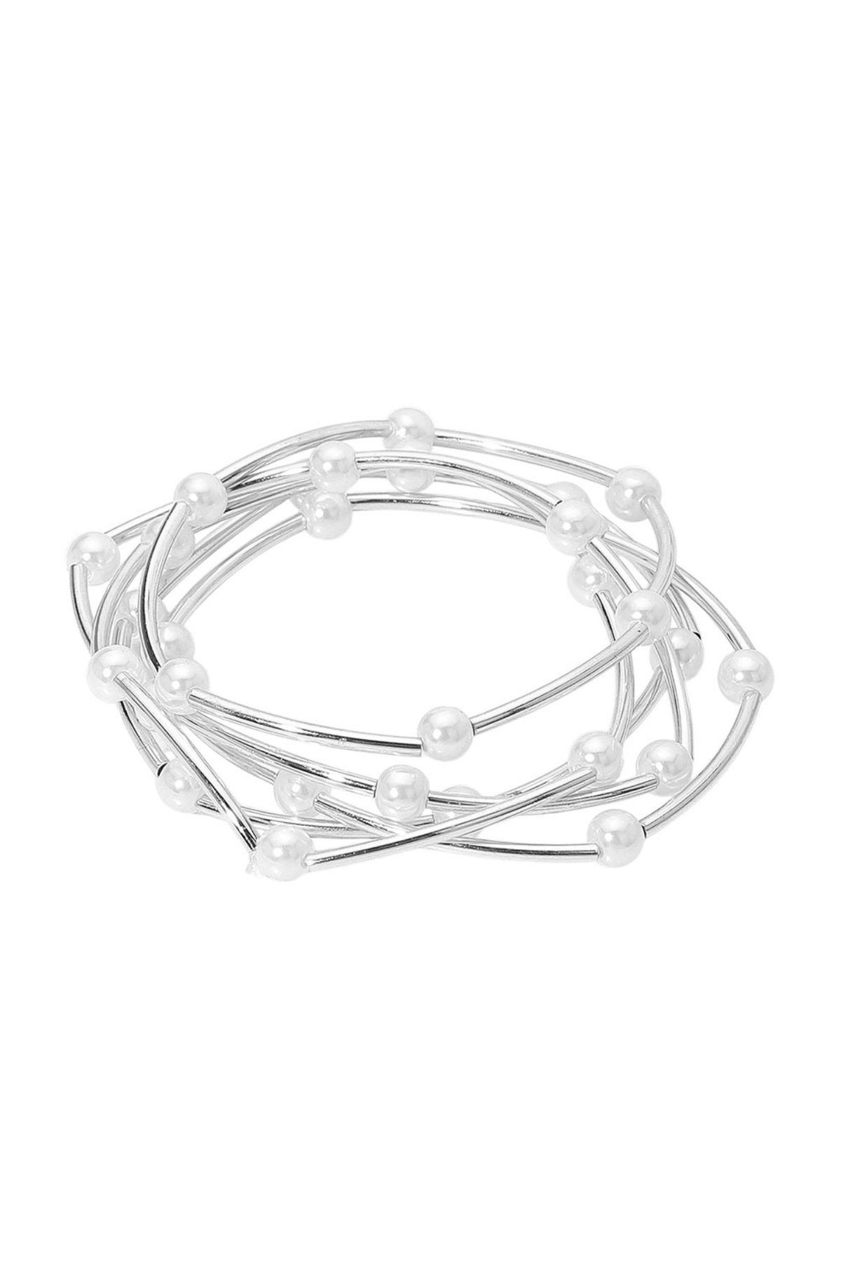 The Silver Mist Pearl Bangle Set features slender silver bands with pearl-like beaded accents. Stretchable, lightweight, and perfect for adding a refined, feminine touch to any outfit.