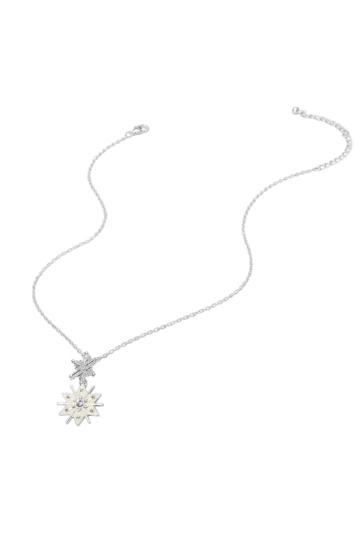 Silver double snowflake drop pendant necklace with crystals