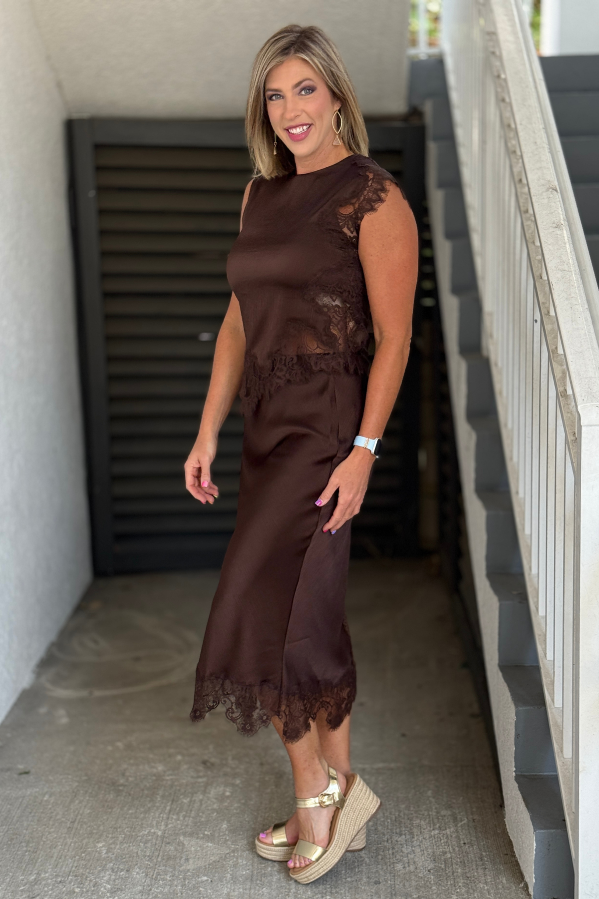 The Cocoa Lace Midi Skirt in Chocolate front view