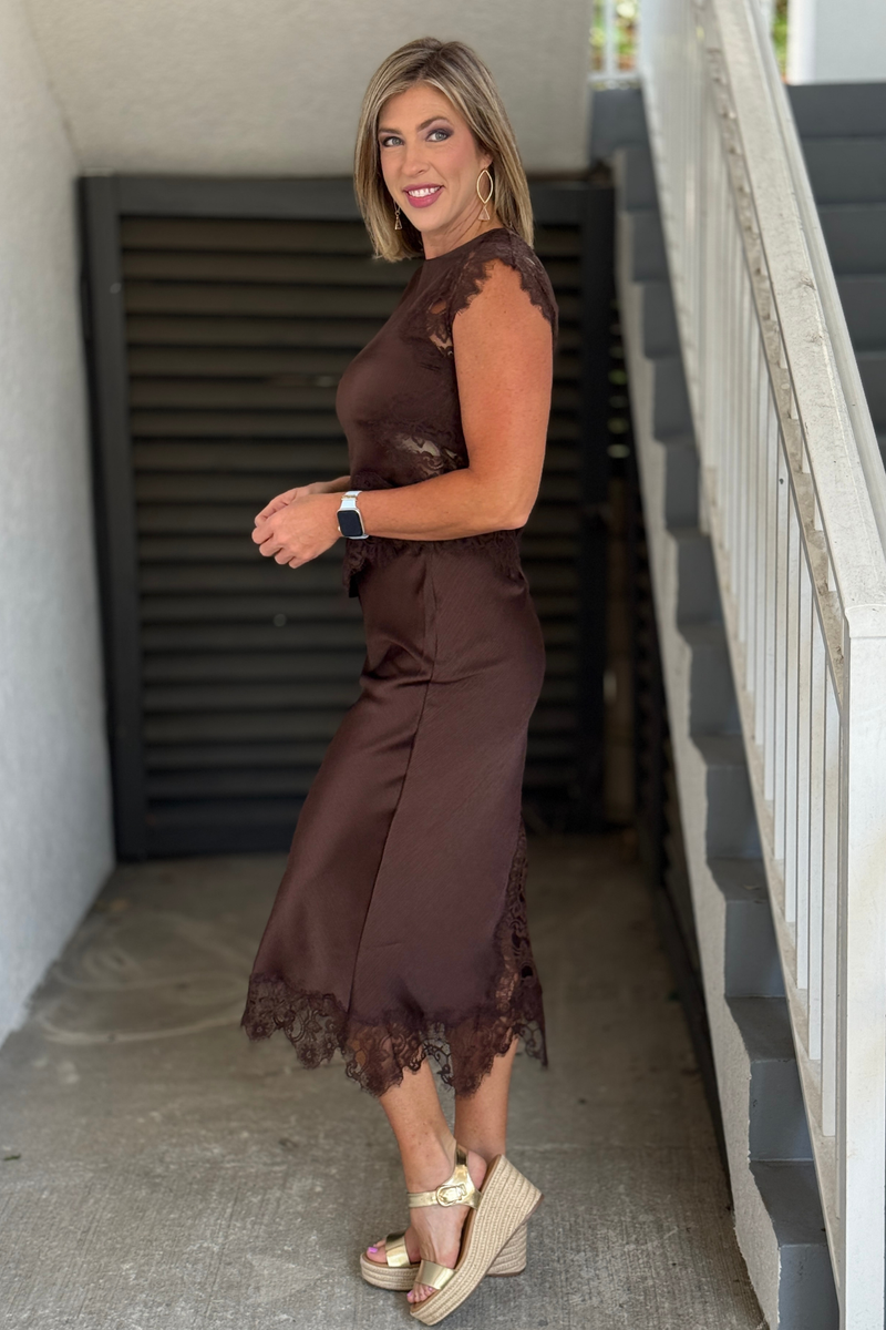 Chocolate brown lace midi skirt