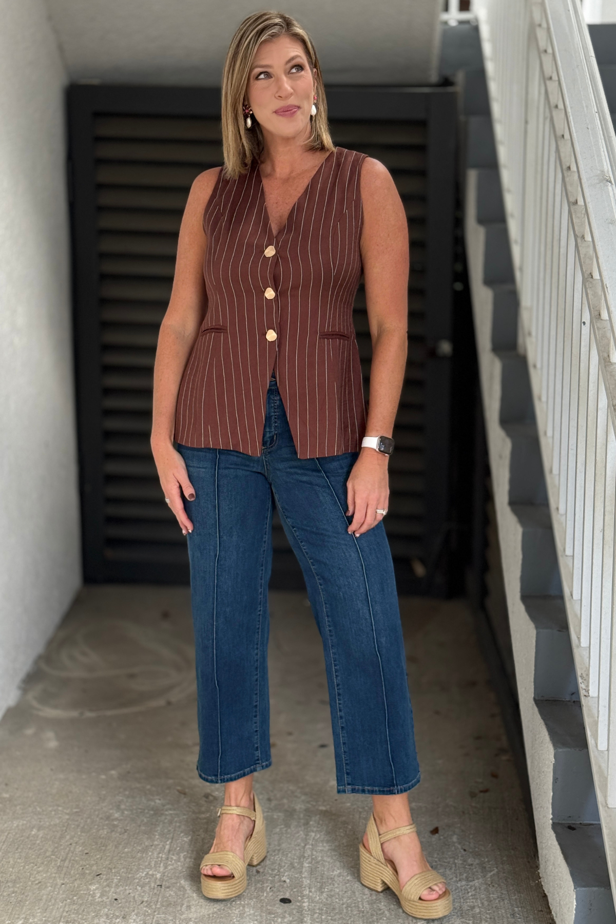 Tailored brown pinstripe button front vest for women