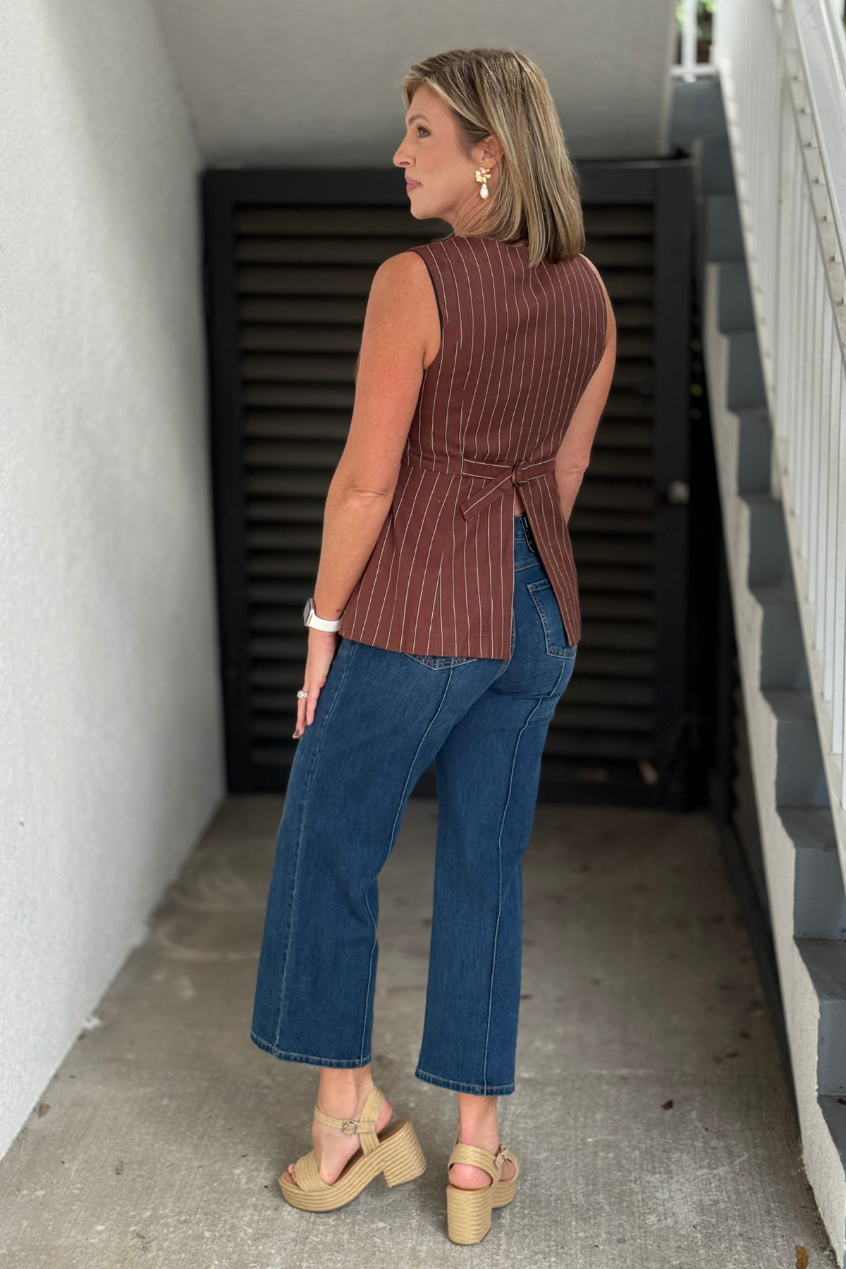 Pinstripe women’s vest with adjustable back waist tie