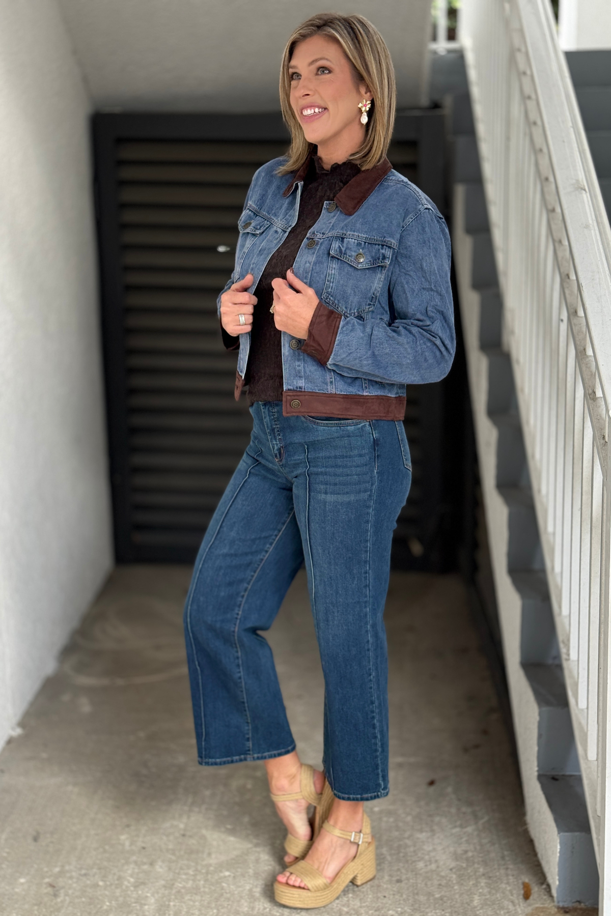Faux suede contrast denim jacket in medium wash with brown trim