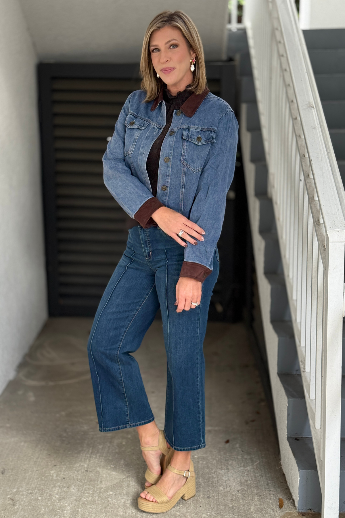 Cropped denim jacket with faux suede cuffs and hem