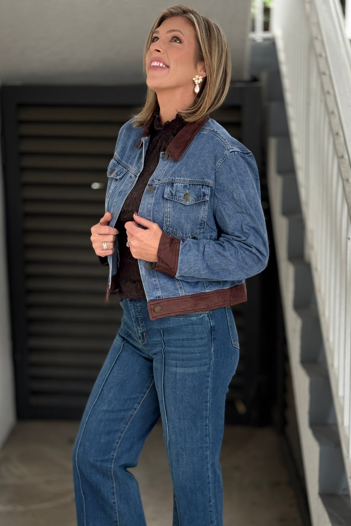 Women’s fall denim jacket with brown contrast trim