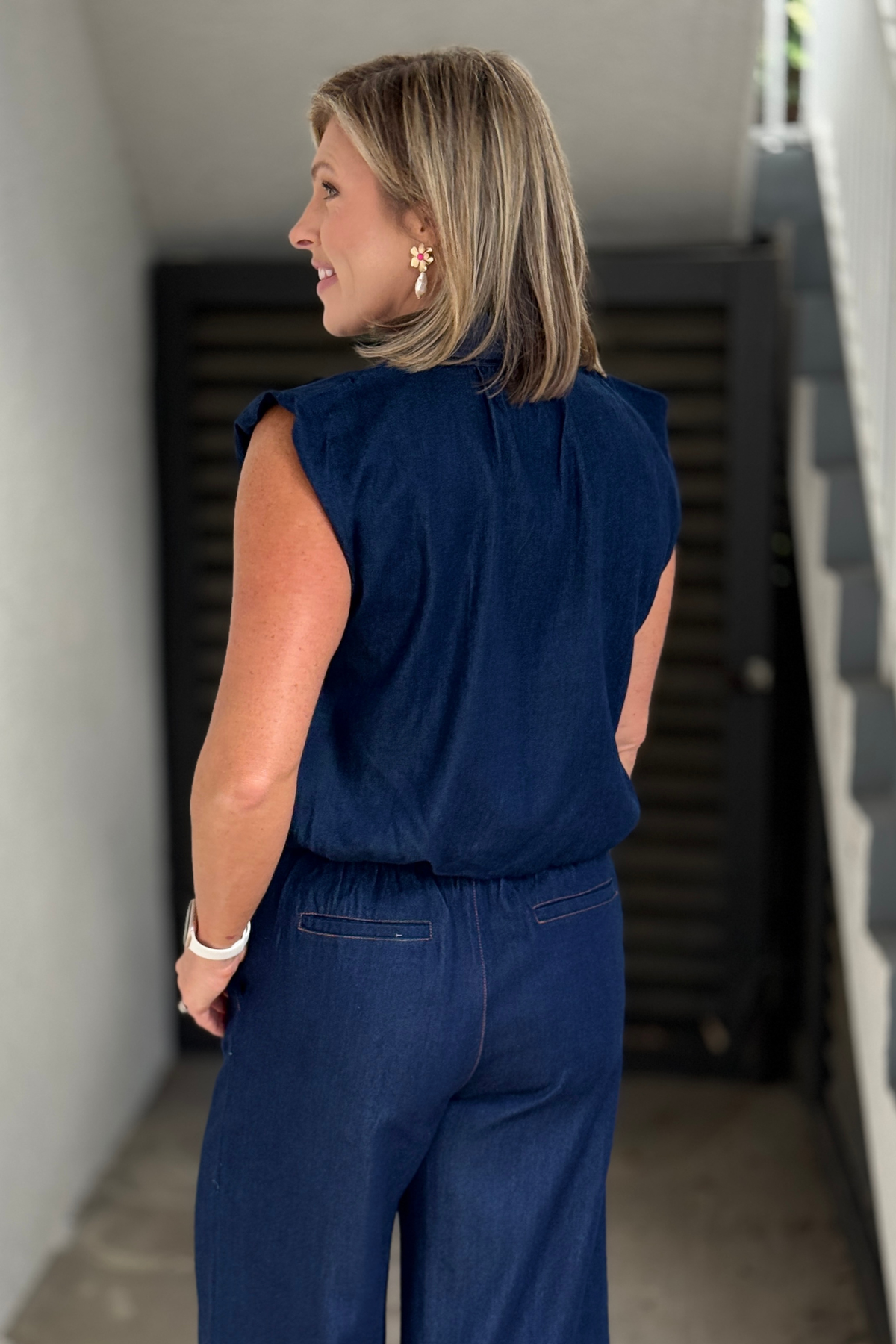 Dark wash denim bubble top for women