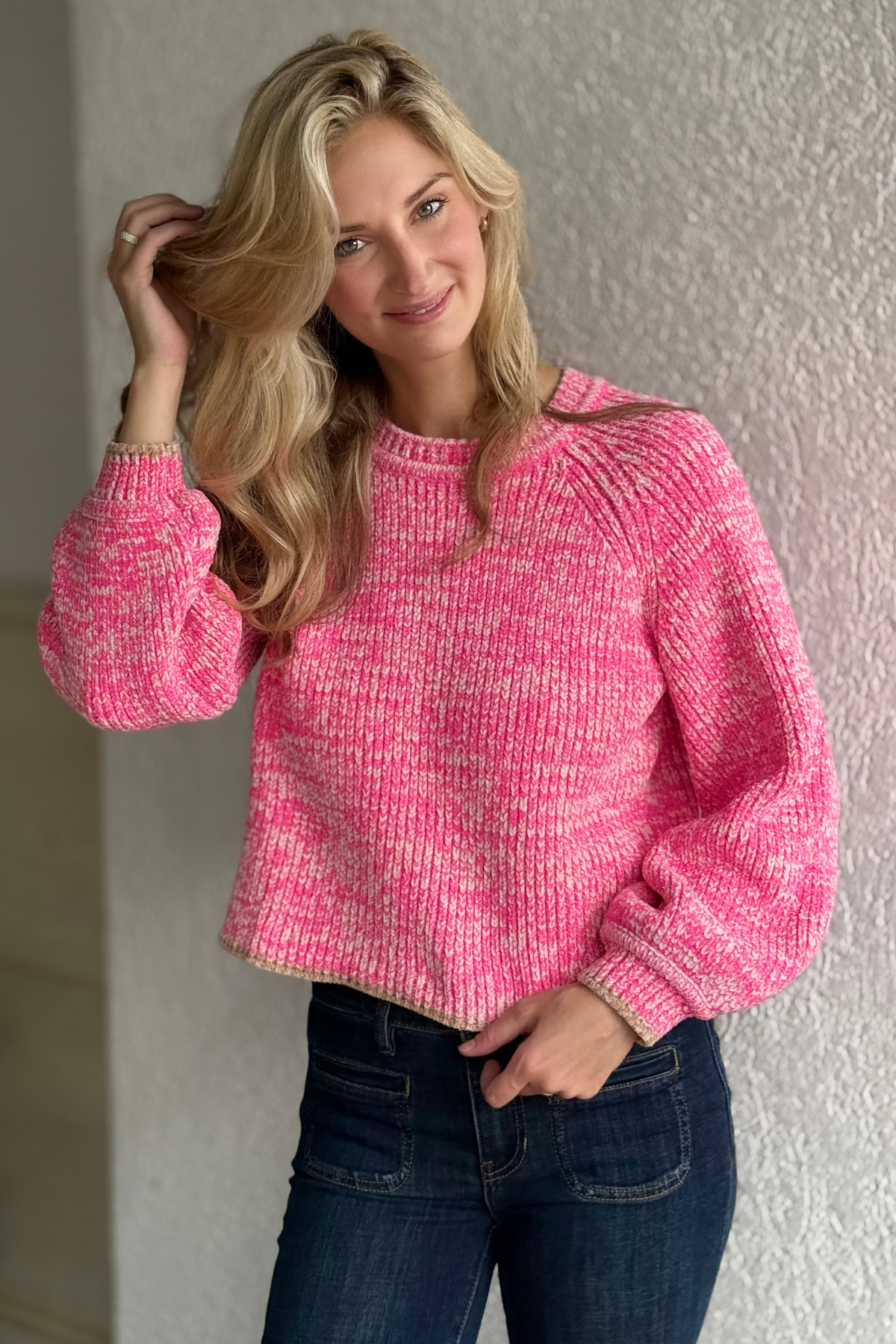 Love More Chenille Sweater in Pink with Tan Trim