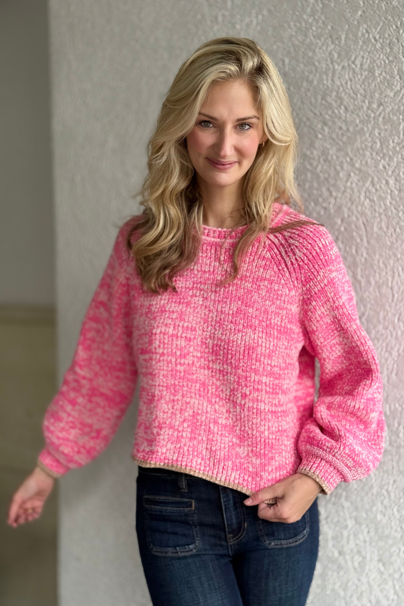 Soft Pink Crew Neck Sweater with Contrast Trim