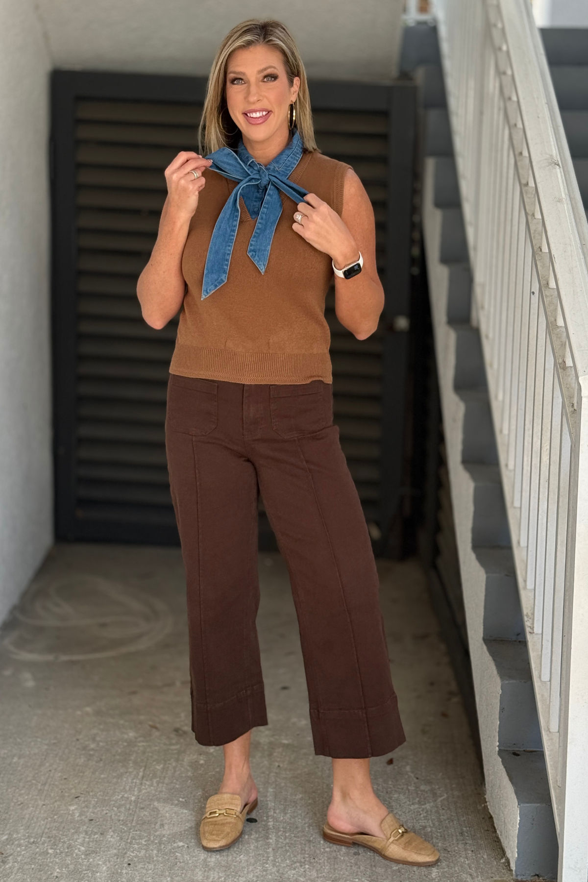 Denim Bow Tie Neck Sleeveless Knit Top in Coco brown