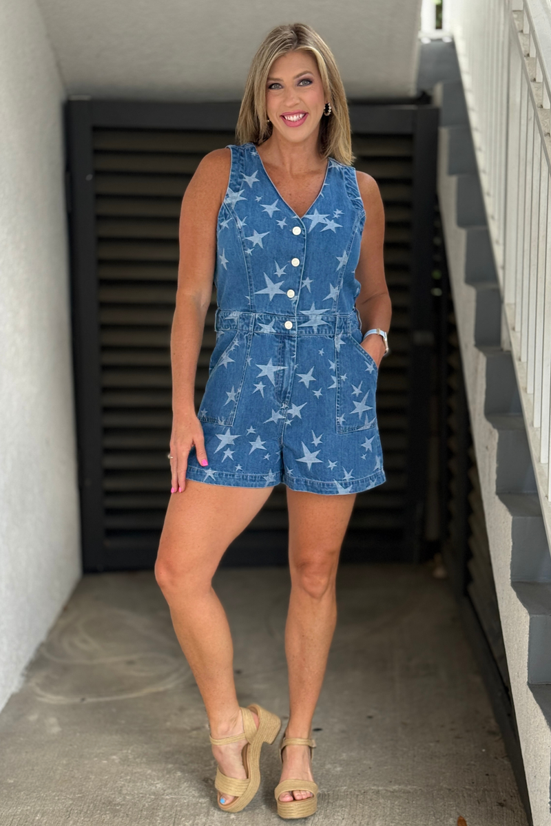 Cute sleeveless patriotic denim romper for summer