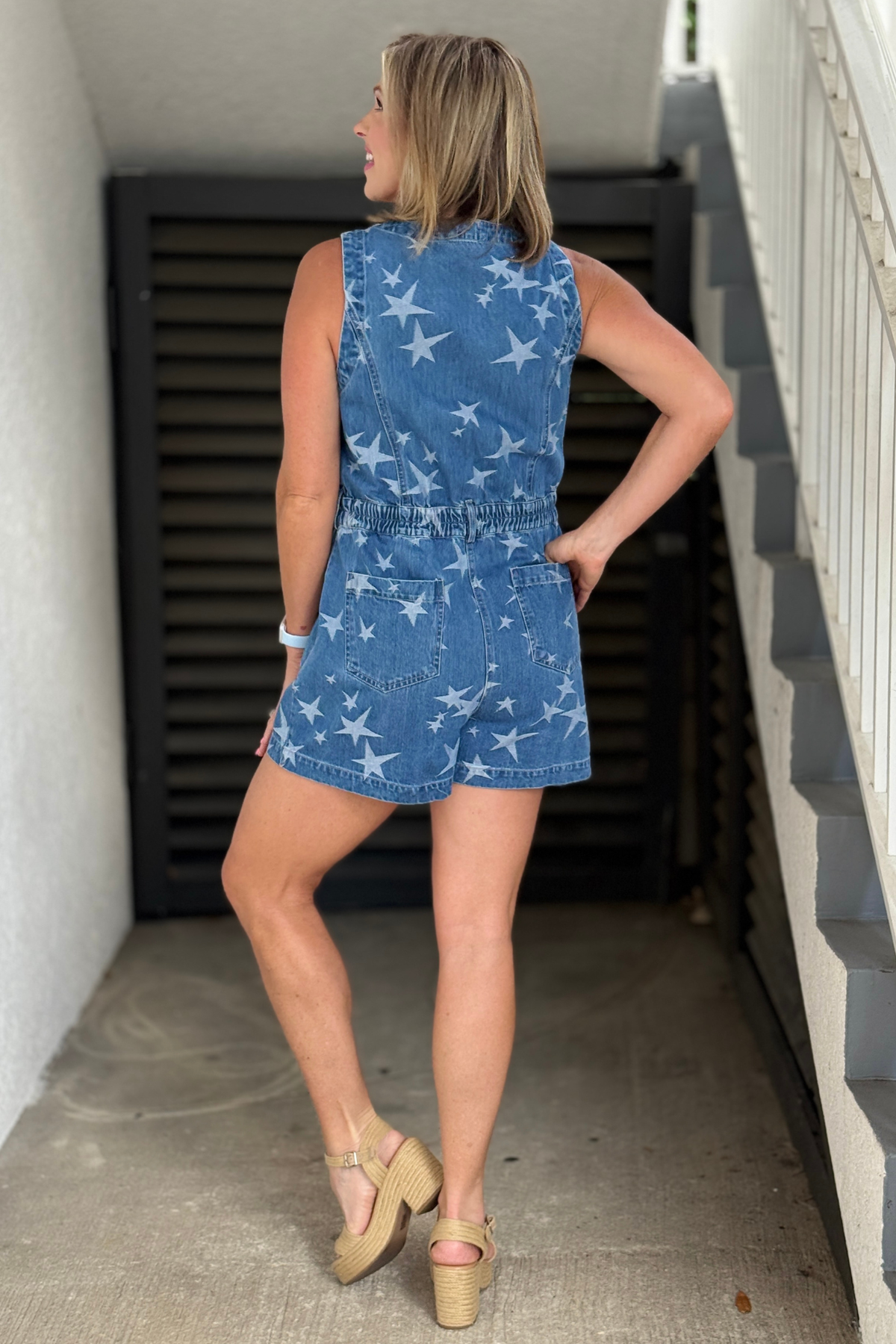 Fourth of July inspired denim romper with pockets
