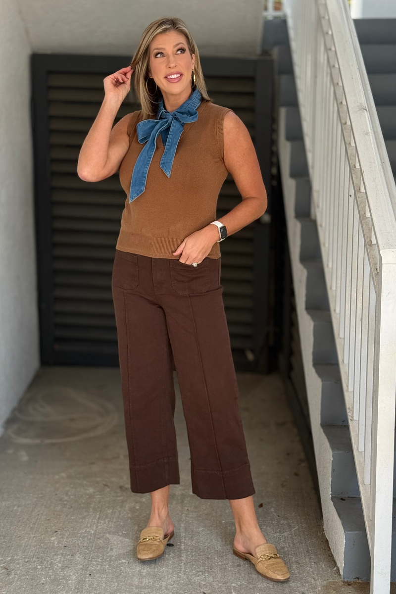 Women’s coco brown sleeveless knit top with oversized denim bow