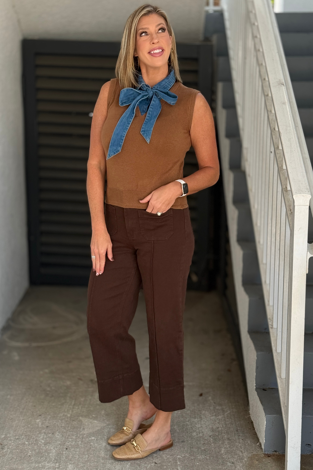 Coco brown knit vest top with contrast blue denim collar