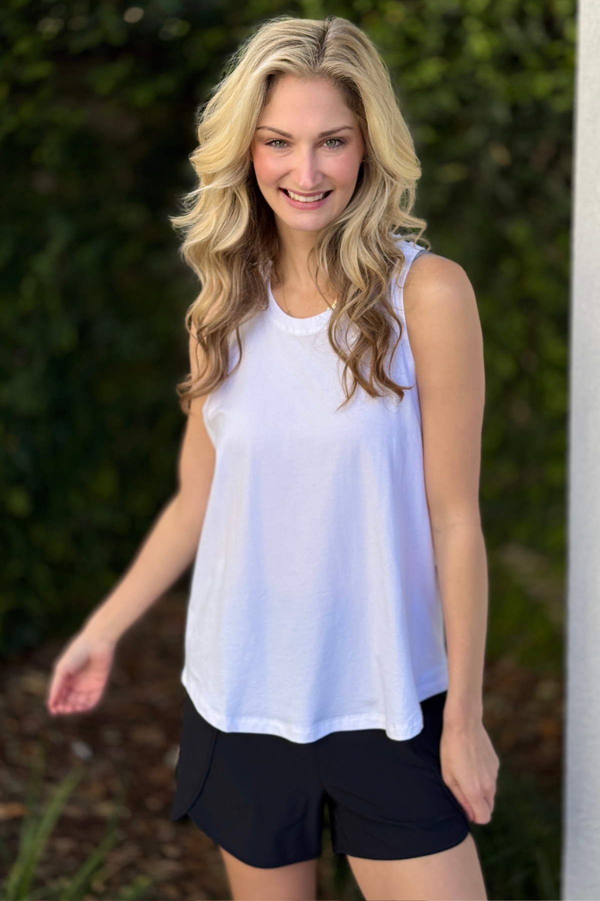 White pima cotton relaxed racer tank top front view