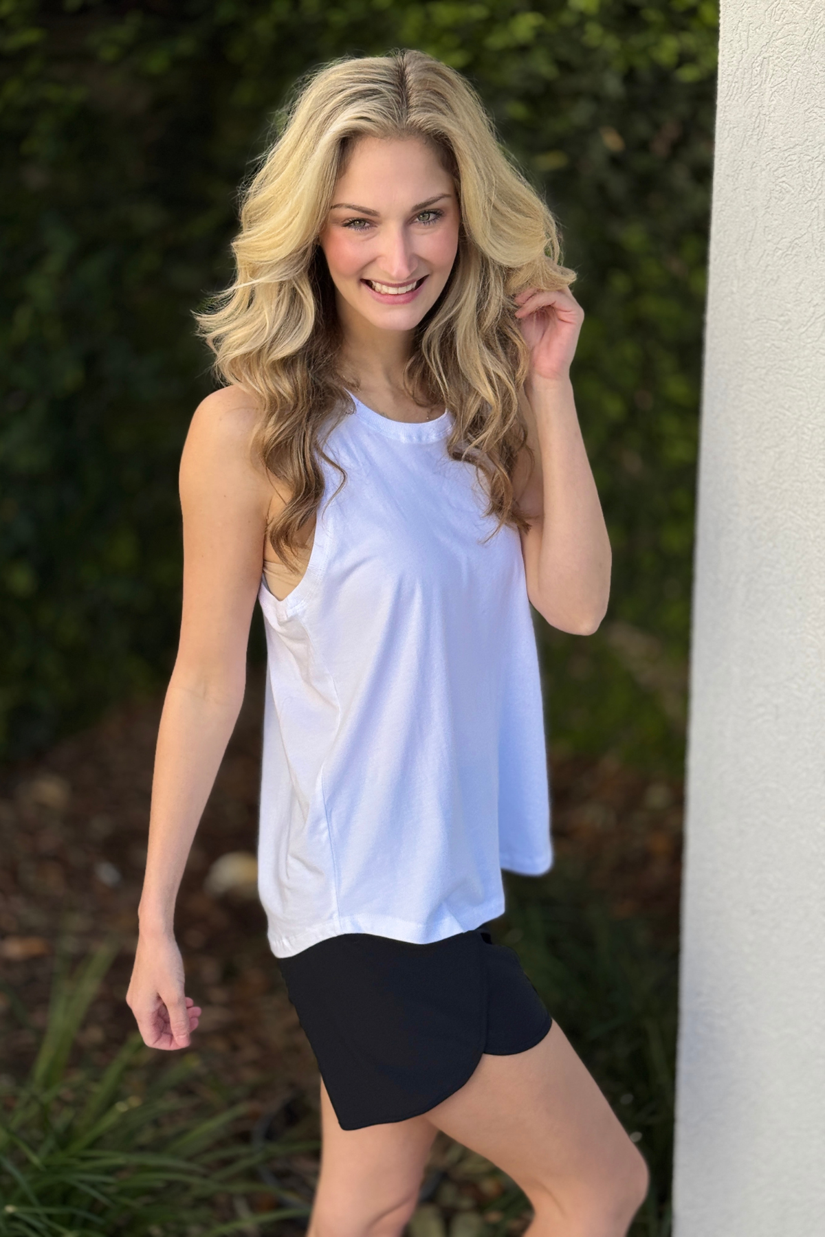 Soft white pima cotton sleeveless tank close up