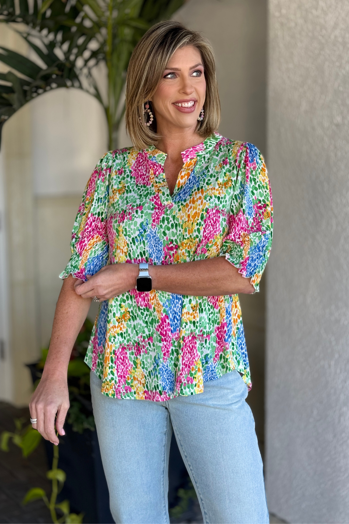 Dear Scarlett Color Me Happy smocked top with mandarin collar and puff sleeves