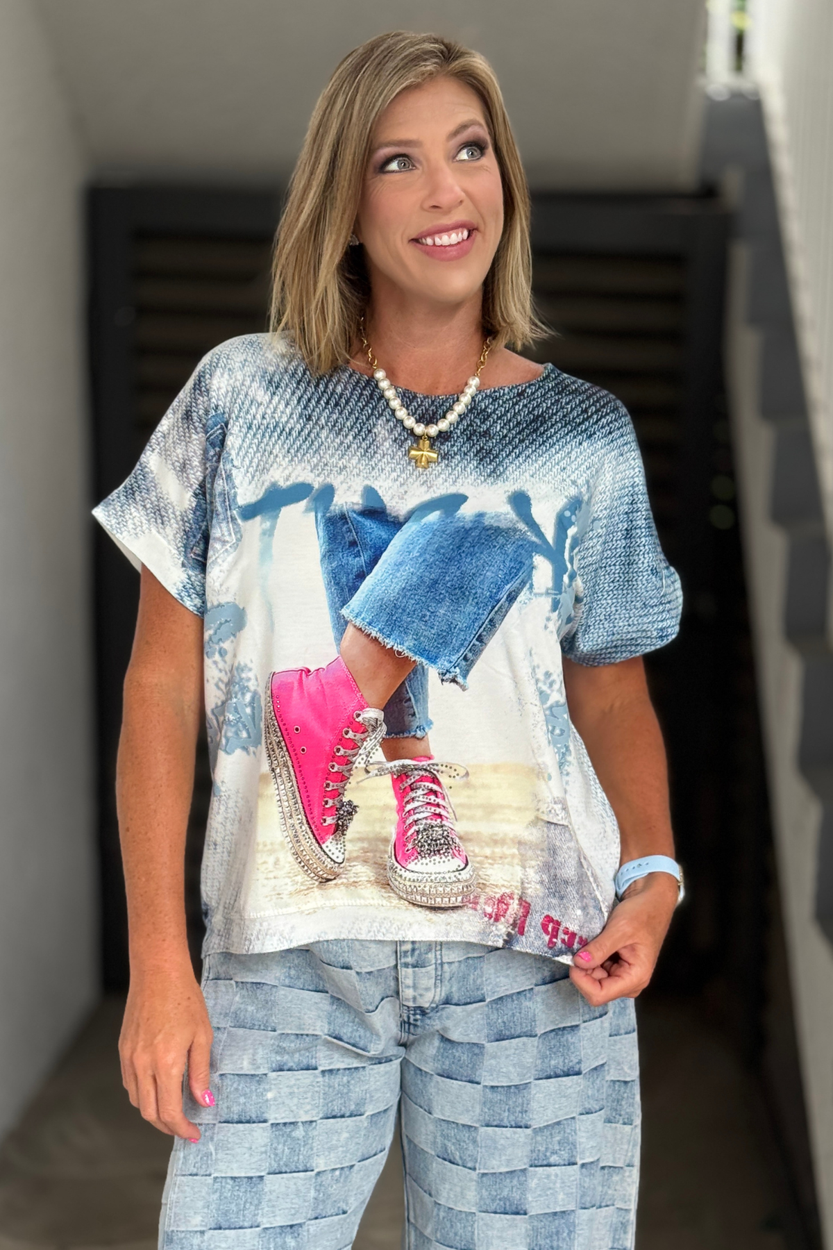 Pink Rhinestone Sneaker Graphic Top – Made in Italy