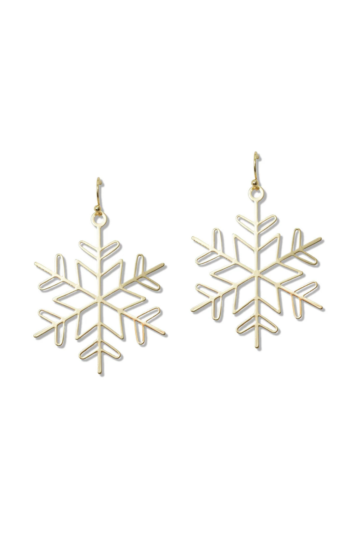 Gold snowflake dangle earrings with fish hook design, festive Christmas jewelry
