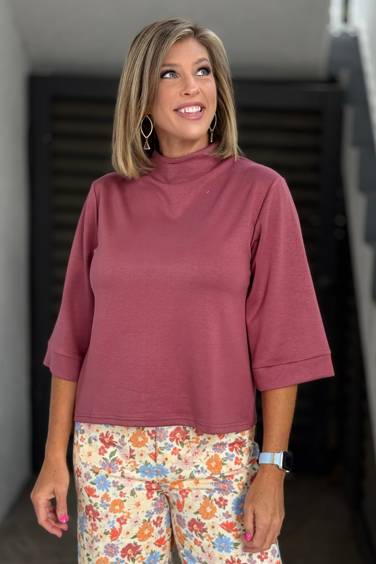 Women's marsala mock neck knit top