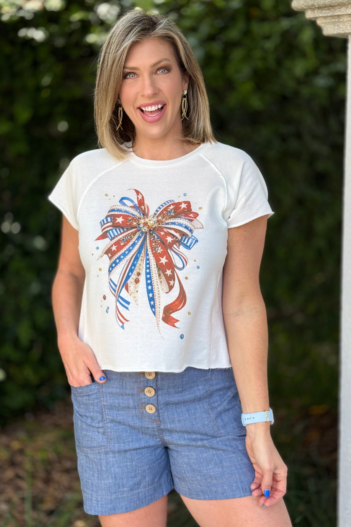 americana bow graphic shirt with sparkled ribbon detail