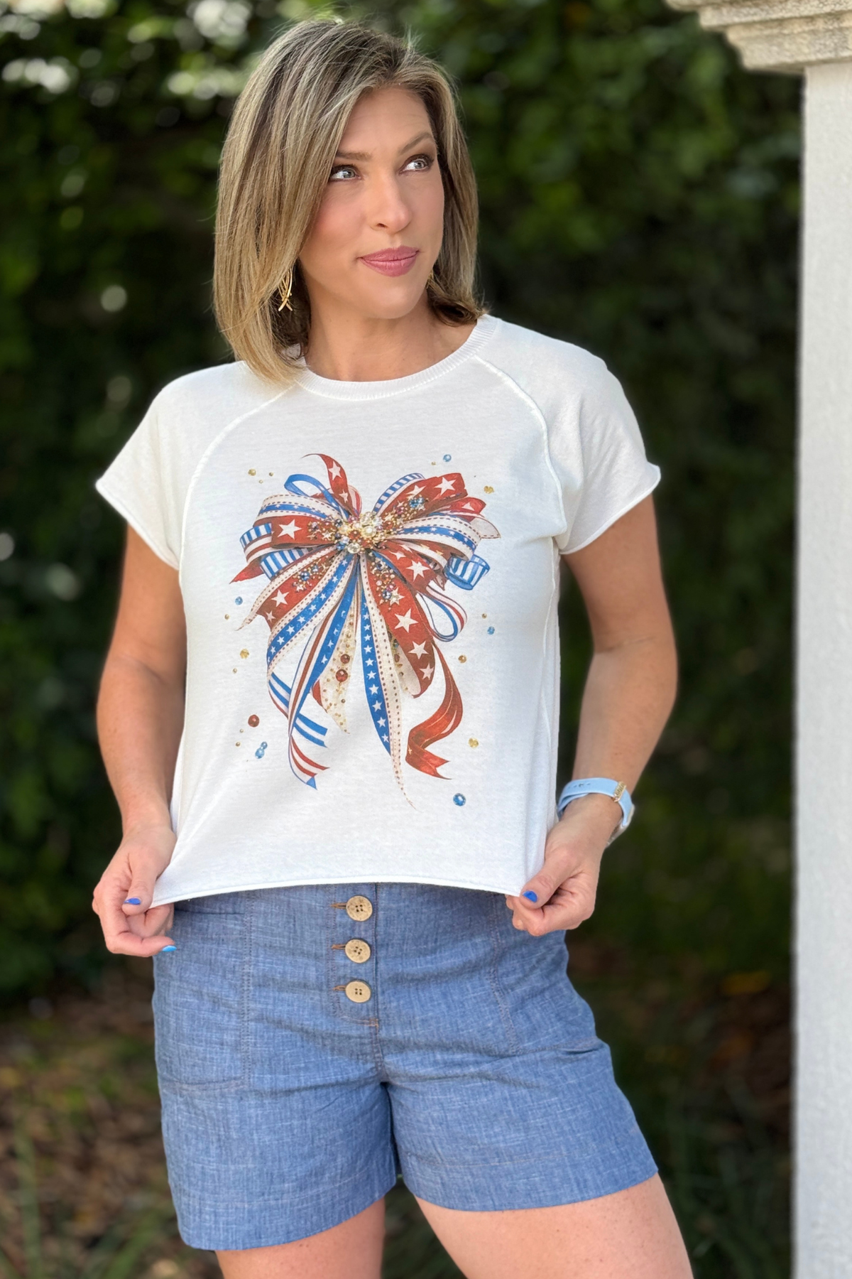 patriotic ribbon bow graphic tee with red white and blue design