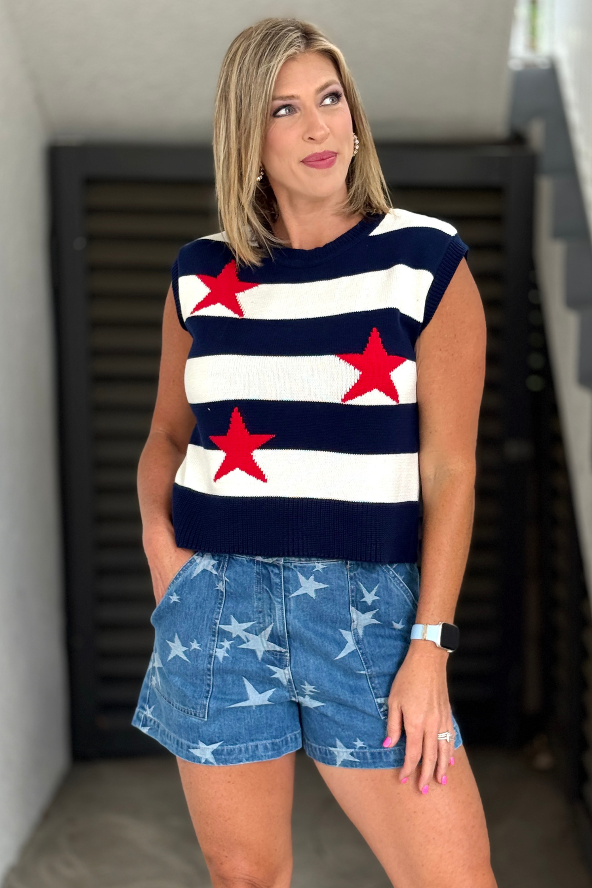 Navy and white sleeveless knit top for women