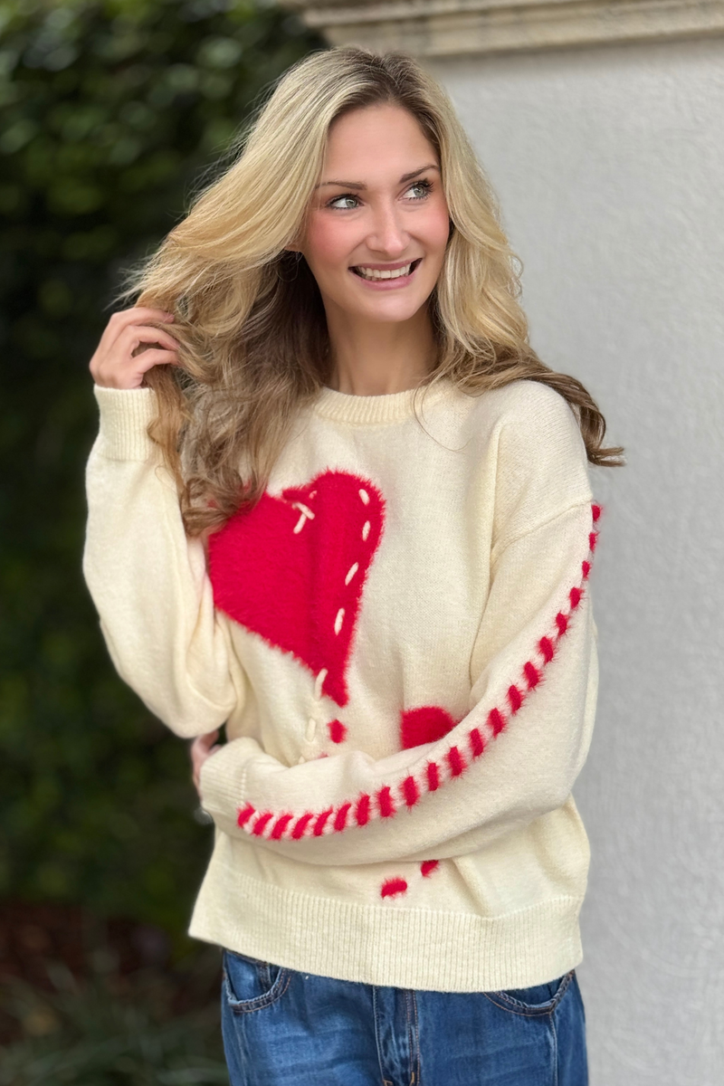 Women’s cozy heart sweater with drop shoulders and ribbed trim