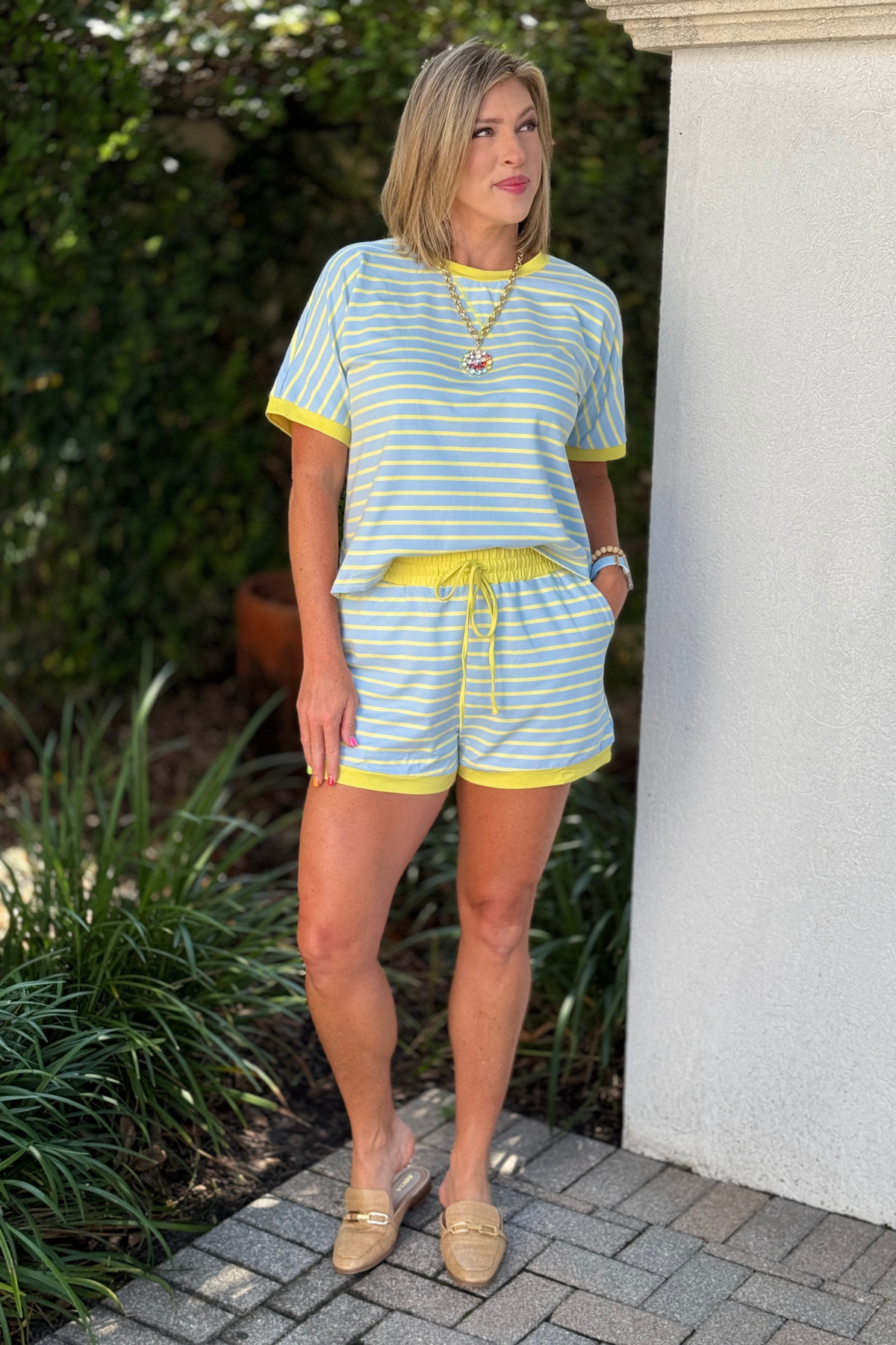 Blue and yellow striped two piece shorts set