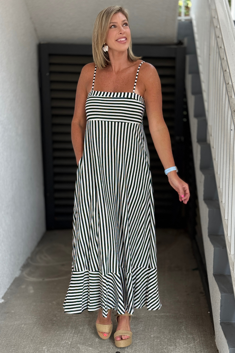 Front view of striped maxi dress with pockets