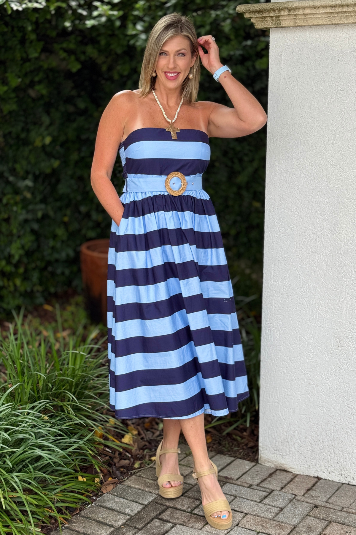 Navy & Light Blue Strapless Stripe Midi Dress | The Pink Nickel  Women's  Clothing Boutique | The Pink Nickel