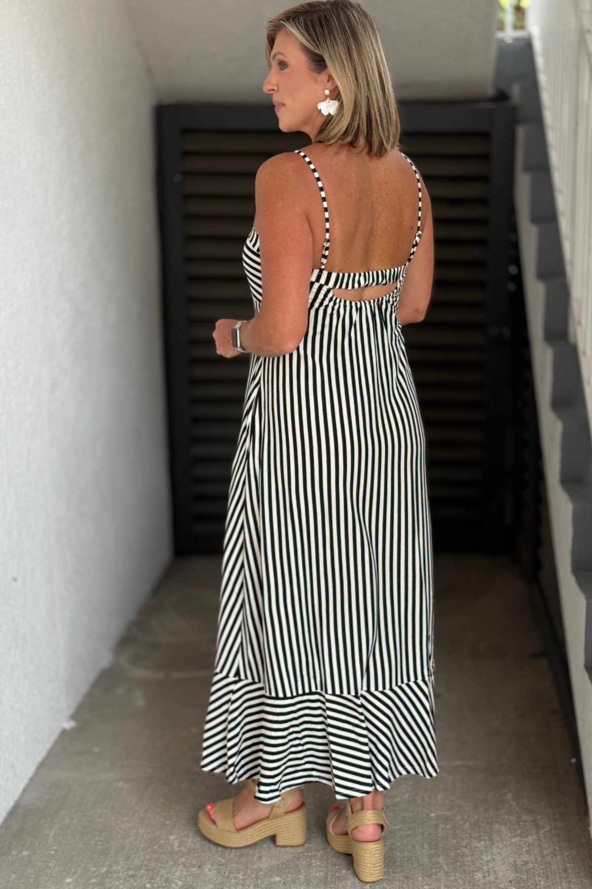 Back cutout detail on striped maxi dress