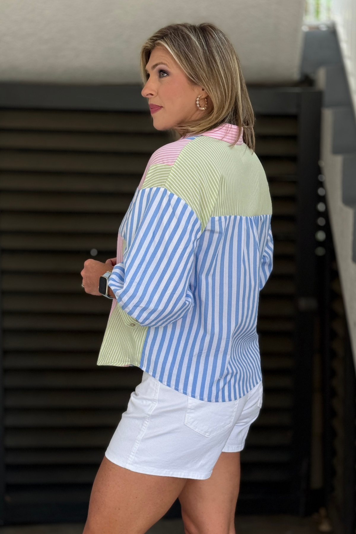 Women’s colorful collared button down blouse with pocket