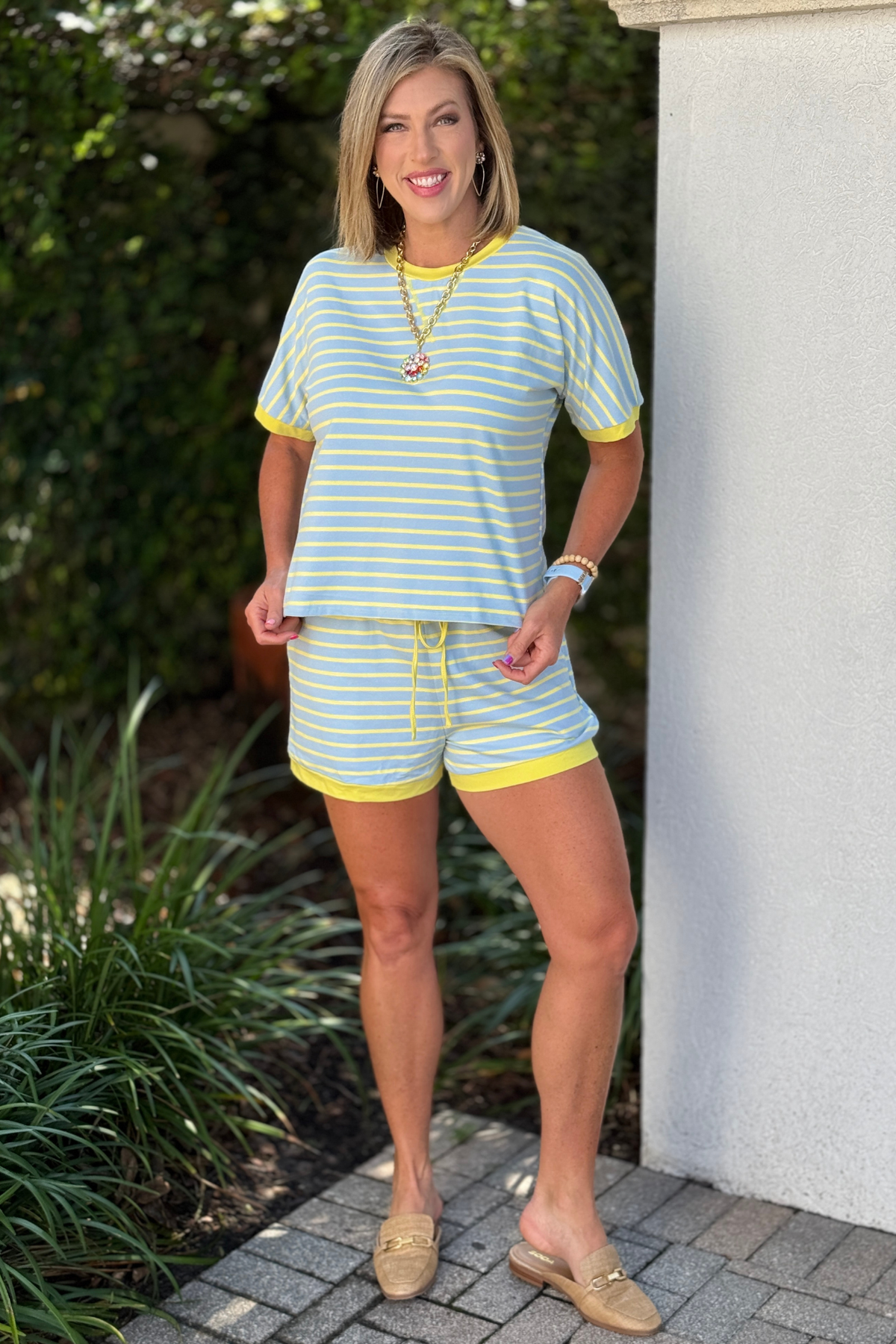 Short sleeve striped top with matching drawstring shorts