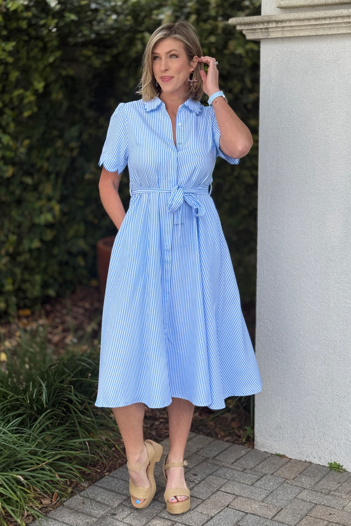 blue stripe midi dress with waist tie